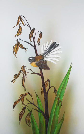 Fantail on spent flax by Janet Marshall gouache.jpg